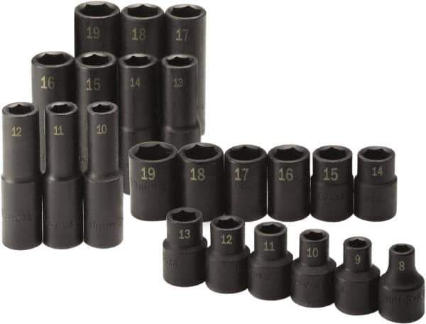 SK - 22 Piece 1/2" Drive Standard Deep Impact Socket Set - 6 Points, 8 to 19mm, Metric Measurement Standard - Exact Tool & Supply