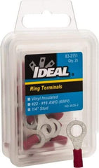Ideal - 22-18 AWG Partially Insulated Crimp Connection Circular Ring Terminal - 1/4" Stud, 1.055" OAL x 0.394" Wide, Tin Plated Brass Contact - Exact Tool & Supply