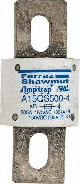 Ferraz Shawmut - 150 VAC/VDC, 500 Amp, Fast-Acting Semiconductor/High Speed Fuse - Bolt-on Mount, 3-1/2" OAL, 100 at AC, 50 at DC kA Rating, 1-1/2" Diam - Exact Tool & Supply