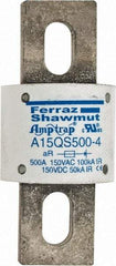Ferraz Shawmut - 150 VAC/VDC, 500 Amp, Fast-Acting Semiconductor/High Speed Fuse - Bolt-on Mount, 3-1/2" OAL, 100 at AC, 50 at DC kA Rating, 1-1/2" Diam - Exact Tool & Supply