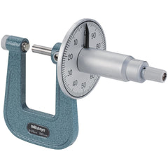 Mitutoyo - Mechanical Outside Micrometers; Minimum Measurement (mm): 0 ; Maximum Measurement (mm): 25 ; Graduation (mm): 0.01 ; Features: Dial type for easy and quick readings ; Thimble Type: Ratchet Stop ; Measuring Face Material: Carbide-Tipped - Exact Tool & Supply