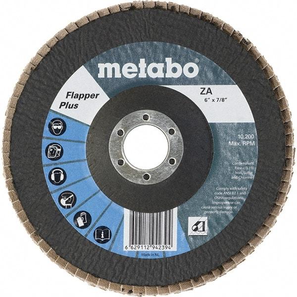 Metabo - 120 Grit, 6" Disc Diam, 7/8" Center Hole, Type 29 Zirconia Alumina Flap Disc - 10,200 Max RPM, Fiberglass Backing, Arbor Attaching System, Coated - Exact Tool & Supply