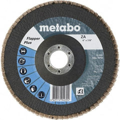 Metabo - 120 Grit, 6" Disc Diam, 7/8" Center Hole, Type 29 Zirconia Alumina Flap Disc - 10,200 Max RPM, Fiberglass Backing, Arbor Attaching System, Coated - Exact Tool & Supply