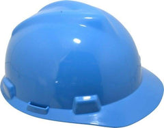 MSA - ANSI Type I, Class E Rated, 8-Point, Pin Lock Adjustment Hard Hat - Size 6-1/2 to 8, Blue, Standard Brim - Exact Tool & Supply