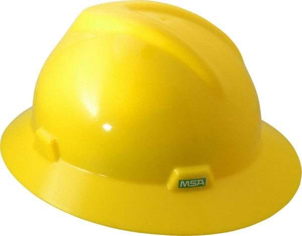 MSA - ANSI Type I, Class E Rated, 8-Point, Pin Lock Adjustment Hard Hat - Size 6-1/2 to 8, Yellow, Full Brim - Exact Tool & Supply
