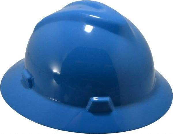 MSA - ANSI Type I, Class E Rated, 8-Point, Pin Lock Adjustment Hard Hat - Size 6-1/2 to 8, Blue, Full Brim - Exact Tool & Supply