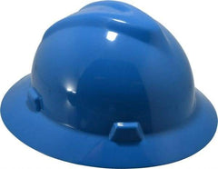 MSA - ANSI Type I, Class E Rated, 8-Point, Pin Lock Adjustment Hard Hat - Size 6-1/2 to 8, Blue, Full Brim - Exact Tool & Supply