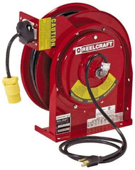 Reelcraft - 12 AWG, 45' Cable Length, Cord & Cable Reel with Outlet End - 1 Outlet, NEMA 5-15R, 15 Amps, 125 Volts, SJEOOW Cable, Red Reel - Exact Tool & Supply