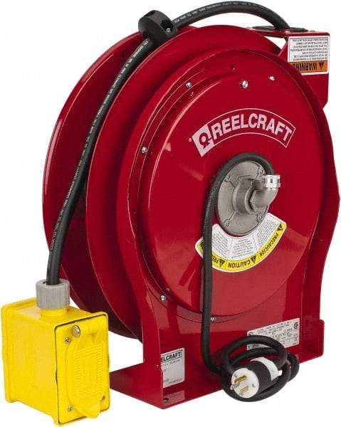 Reelcraft - 12 AWG, 50' Cable Length, Cord & Cable Reel with Duplex GFCI Outlet Box End - 2 Outlets, NEMA 5-15R, 15 Amps, 125 Volts, SEOOW Cable, Red Reel - Exact Tool & Supply