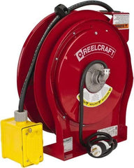 Reelcraft - 12 AWG, 50' Cable Length, Cord & Cable Reel with Duplex GFCI Outlet Box End - 2 Outlets, NEMA 5-15R, 15 Amps, 125 Volts, SEOOW Cable, Red Reel - Exact Tool & Supply