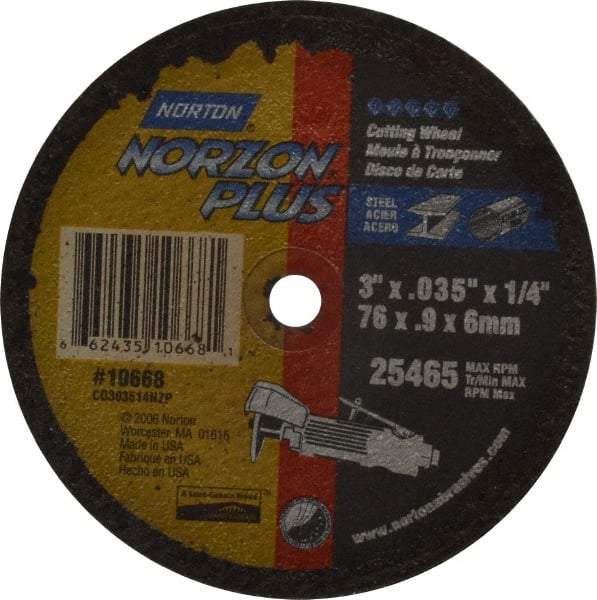 Norton - 3" Ceramic Cutoff Wheel - 0.035" Thick, 1/4" Arbor, 25,465 Max RPM, Use with Die Grinders - Exact Tool & Supply
