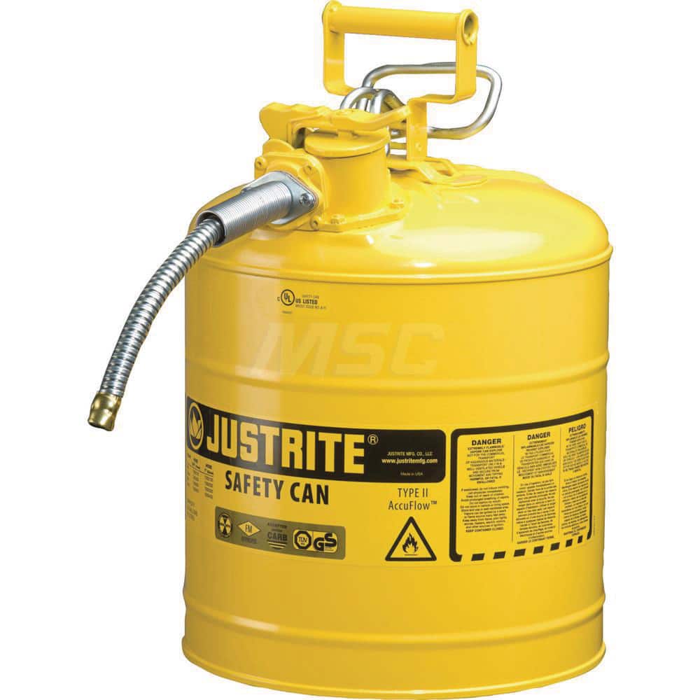 Justrite - Safety Dispensing Cans; Capacity: 5 Gal. ; Material: Steel ; Color: Yellow ; Height (Decimal Inch): 17.500000 ; Diameter/Length (mm): 11.75 ; Approval Listing/Regulations: FM Approved; UL; ULC; TUV - Exact Tool & Supply