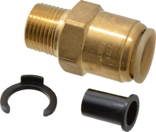 Watts - 1/2" Outside Diam, 1/2 NPT, Lead Free Brass Push-to-Connect Tube Male Connector - 250 Max psi, Tube to Male NPT Connection, EPDM O-Ring, Lead-Free - Exact Tool & Supply