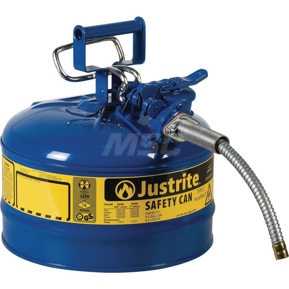 Justrite - Safety Dispensing Cans; Capacity: 2.5 Gal ; Material: Steel ; Color: Blue ; Height (Decimal Inch): 12.000000 ; Diameter/Length (mm): 11.75 ; Approval Listing/Regulations: FM Approved; UL; ULC; TUV - Exact Tool & Supply