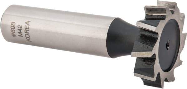 Interstate - 1" Diam x 1/4" Face Width, Cobalt, 12 Teeth, Shank Connection Woodruff Keyseat Cutter - Uncoated, 2-1/4" OAL x 1/2" Shank, Staggered Teeth, ANSI 808, Old Standard 15 - Exact Tool & Supply