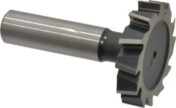 Interstate - 1-1/2" Diam x 5/16" Face Width, High Speed Steel, 12 Teeth, Shank Connection Woodruff Keyseat Cutter - Uncoated, 2-5/16" OAL x 1/2" Shank, Staggered Teeth, ANSI 1012, Old Standard 25 - Exact Tool & Supply