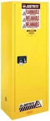 Justrite - 1 Door, 3 Shelf, Yellow Steel Space Saver Safety Cabinet for Flammable and Combustible Liquids - 65" High x 23-1/4" Wide x 18" Deep, Manual Closing Door, 22 Gal Capacity - Exact Tool & Supply