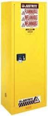 Justrite - 1 Door, 3 Shelf, Yellow Steel Space Saver Safety Cabinet for Flammable and Combustible Liquids - 65" High x 23-1/4" Wide x 18" Deep, Manual Closing Door, 22 Gal Capacity - Exact Tool & Supply