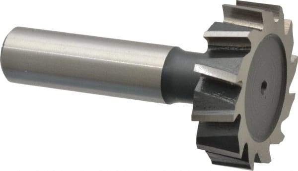 Interstate - 1-3/8" Diam x 3/8" Face Width, High Speed Steel, 14 Teeth, Shank Connection Woodruff Keyseat Cutter - Uncoated, 2-3/8" OAL x 1/2" Shank, Staggered Teeth, ANSI 1211, Old Standard F - Exact Tool & Supply