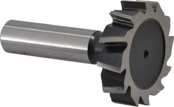Interstate - 1-1/2" Diam x 3/8" Face Width, High Speed Steel, 16 Teeth, Shank Connection Woodruff Keyseat Cutter - Uncoated, 2-3/8" OAL x 1/2" Shank, Staggered Teeth, ANSI 1212, Old Standard G - Exact Tool & Supply