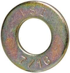 Made in USA - 7/16" Screw, Grade 8 Alloy Steel SAE Flat Washer - 15/32" ID x 59/64" OD, 0.072" Thick, Zinc Yellow Dichromate Finish - Exact Tool & Supply