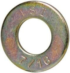 Made in USA - 7/16" Screw, Grade 8 Alloy Steel SAE Flat Washer - 15/32" ID x 59/64" OD, 0.072" Thick, Zinc Yellow Dichromate Finish - Exact Tool & Supply