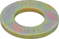 Made in USA - 9/16" Screw, Grade 8 Alloy Steel SAE Flat Washer - 19/32" ID x 1-3/16" OD, 0.121" Thick, Zinc Yellow Dichromate Finish - Exact Tool & Supply