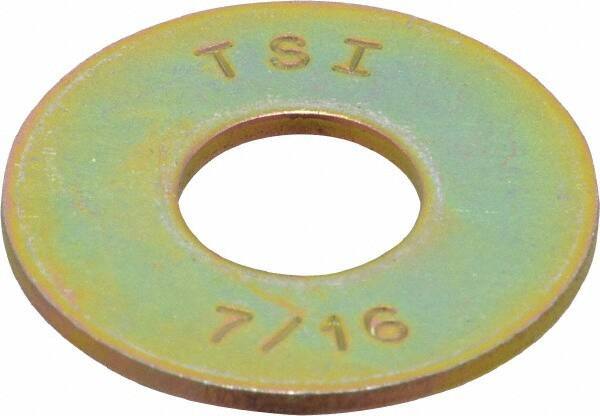 Made in USA - 7/16" Screw, Grade 8 Alloy Steel USS Flat Washer - 0.495" ID x 1.28" OD, 0.104" Thick, Zinc Yellow Dichromate Finish - Exact Tool & Supply