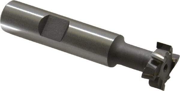 Made in USA - 21/32" Cut Diam, 17/64" Cut Width, 21/64" Neck Diam, 1/2" Shank Diam, 2-11/16" OAL, C2 Carbide-Tipped T-Slot Cutter - Uncoated, 5/16" Bolt, 1-13/16" Shank Length, Staggered Teeth, 6 Teeth, Weldon Flat - Exact Tool & Supply