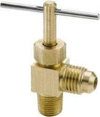 Parker - 3/8 x 1/4" Pipe, Angled Needle Valve - Flare x MNPTF Ends, Brass Valve, 150 Max psi - Exact Tool & Supply