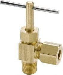 Parker - 1/4" Pipe, Angled Needle Valve - Compression x MNPTF Ends, Brass Valve, 150 Max psi - Exact Tool & Supply