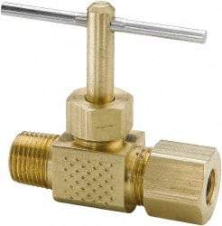Parker - 3/8 x 1/4" Pipe, Inline Needle Valve - Compression x MNPTF Ends, Brass Valve, 150 Max psi - Exact Tool & Supply