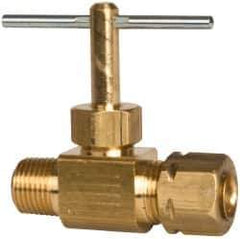 Parker - 1/4 x 1/8" Pipe, Inline Needle Valve - Compression x MNPTF Ends, Brass Valve, 150 Max psi - Exact Tool & Supply