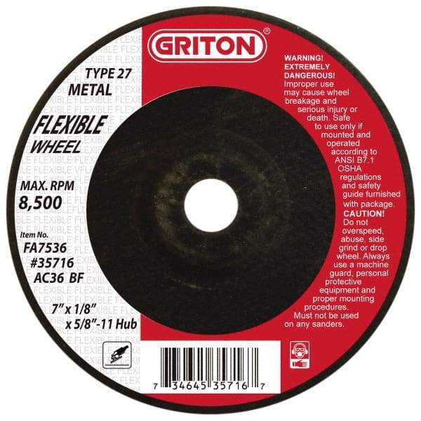 Value Collection - 36 Grit, 7" Wheel Diam, 1/8" Wheel Thickness, Type 27 Depressed Center Wheel - Aluminum Oxide, 8,500 Max RPM - Exact Tool & Supply