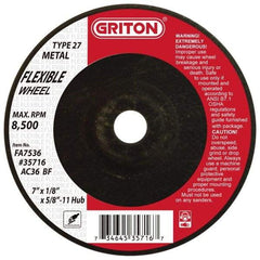 Value Collection - 36 Grit, 7" Wheel Diam, 1/8" Wheel Thickness, Type 27 Depressed Center Wheel - Aluminum Oxide, 8,500 Max RPM - Exact Tool & Supply