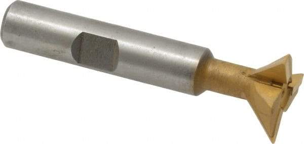 Made in USA - 3/4" Diam x 1/4" Width of Cut, 45° Included Angle, Carbide-Tipped Dovetail Cutter - 3/8" Shank Diam, 2-1/4" Overall Length, 0.02" Corner Radius, Weldon Flat, TiN Coated - Exact Tool & Supply