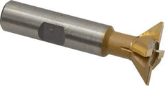 Made in USA - 1" Diam x 5/16" Width of Cut, 45° Included Angle, Carbide-Tipped Dovetail Cutter - 1/2" Shank Diam, 2-1/2" Overall Length, 0.02" Corner Radius, Weldon Flat, TiN Coated - Exact Tool & Supply