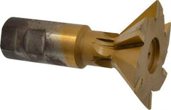 Made in USA - 3" Diam x 1" Width of Cut, 45° Included Angle, Carbide-Tipped Dovetail Cutter - 1-1/4" Shank Diam, 4-1/2" Overall Length, 0.02" Corner Radius, Weldon Flat, TiN Coated - Exact Tool & Supply