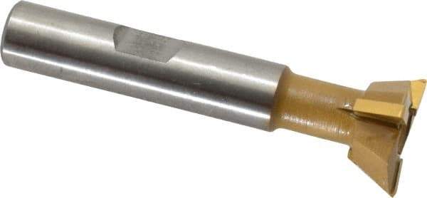 Made in USA - 3/4" Diam x 1/4" Width of Cut, 60° Included Angle, Carbide-Tipped Dovetail Cutter - 3/8" Shank Diam, 2-1/4" Overall Length, 0.02" Corner Radius, Weldon Flat, TiN Coated - Exact Tool & Supply