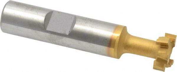 Made in USA - 9/16" Cut Diam, 15/64" Cut Width, 17/64" Neck Diam, 1/2" Shank Diam, 2-19/32" OAL, Carbide-Tipped T-Slot Cutter - TiN Finish, 1/4" Bolt, 1-13/16" Shank Length, Staggered Teeth, 6 Teeth, Weldon Flat - Exact Tool & Supply