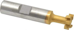 Made in USA - 9/16" Cut Diam, 15/64" Cut Width, 17/64" Neck Diam, 1/2" Shank Diam, 2-19/32" OAL, Carbide-Tipped T-Slot Cutter - TiN Finish, 1/4" Bolt, 1-13/16" Shank Length, Staggered Teeth, 6 Teeth, Weldon Flat - Exact Tool & Supply