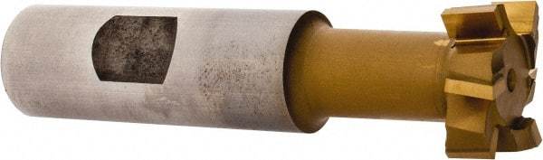 Made in USA - 31/32" Cut Diam, 25/64" Cut Width, 17/32" Neck Diam, 3/4" Shank Diam, 3-7/16" OAL, Carbide-Tipped T-Slot Cutter - TiN Finish, 1/2" Bolt, 2-1/16" Shank Length, Staggered Teeth, 6 Teeth, Weldon Flat - Exact Tool & Supply