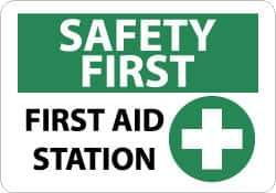 NMC - "Safety First - First Aid Station", 10" Long x 14" Wide, Pressure-Sensitive Vinyl Safety Sign - Rectangle, 0.004" Thick, Use for First Aid - Exact Tool & Supply