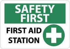 NMC - "Safety First - First Aid Station", 10" Long x 14" Wide, Pressure-Sensitive Vinyl Safety Sign - Rectangle, 0.004" Thick, Use for First Aid - Exact Tool & Supply