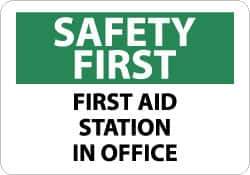 NMC - "Safety First - First Aid Station in Office", 10" Long x 14" Wide, Aluminum Safety Sign - Rectangle, 0.04" Thick, Use for First Aid - Exact Tool & Supply