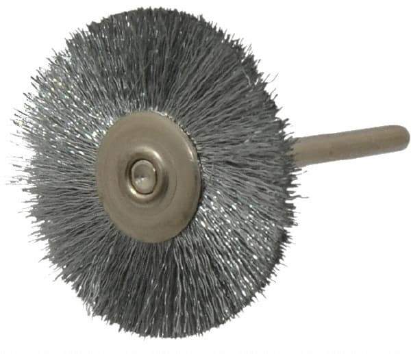 Anderson - 1-1/4" OD, 1/8" Shank Diam, Crimped Steel Wheel Brush - 0.005" Filament Diam, 25,000 RPM - Exact Tool & Supply