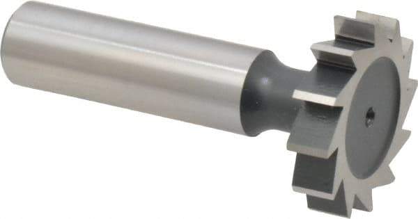 Interstate - 1-1/8" Diam x 1/4" Face Width, High Speed Steel, 12 Teeth, Shank Connection Woodruff Keyseat Cutter - Uncoated, 2-1/4" OAL x 1/2" Shank, Straight Teeth, ANSI 809, Old Standard 18 - Exact Tool & Supply