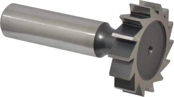 Interstate - 1-1/4" Diam x 5/16" Face Width, High Speed Steel, 14 Teeth, Shank Connection Woodruff Keyseat Cutter - Uncoated, 2-5/16" OAL x 1/2" Shank, Straight Teeth, ANSI 1010, Old Standard D - Exact Tool & Supply