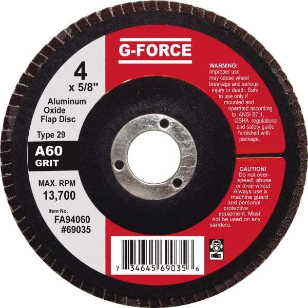 Value Collection - 60 Grit, 4" Disc Diam, 5/8" Center Hole, Type 29 Aluminum Oxide Flap Disc - 13,500 Max RPM, Fiberglass Backing, Arbor Attaching System, Coated - Exact Tool & Supply