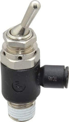 Legris - 1/4" OD, 1/4 NPT, Nylon/Nickel Plated Brass Push-to-Connect Manually Operated 3-Way Venting Valve - 230 Max psi, Black - Exact Tool & Supply